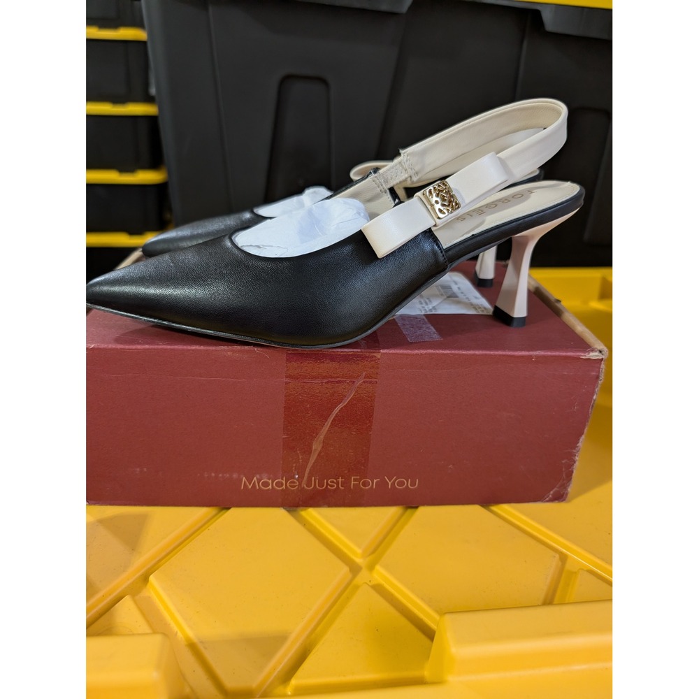 Torgeis Yori Black Cream Slingback Pointed Toe Bow Kitten Heels Size 8 MSRP $80